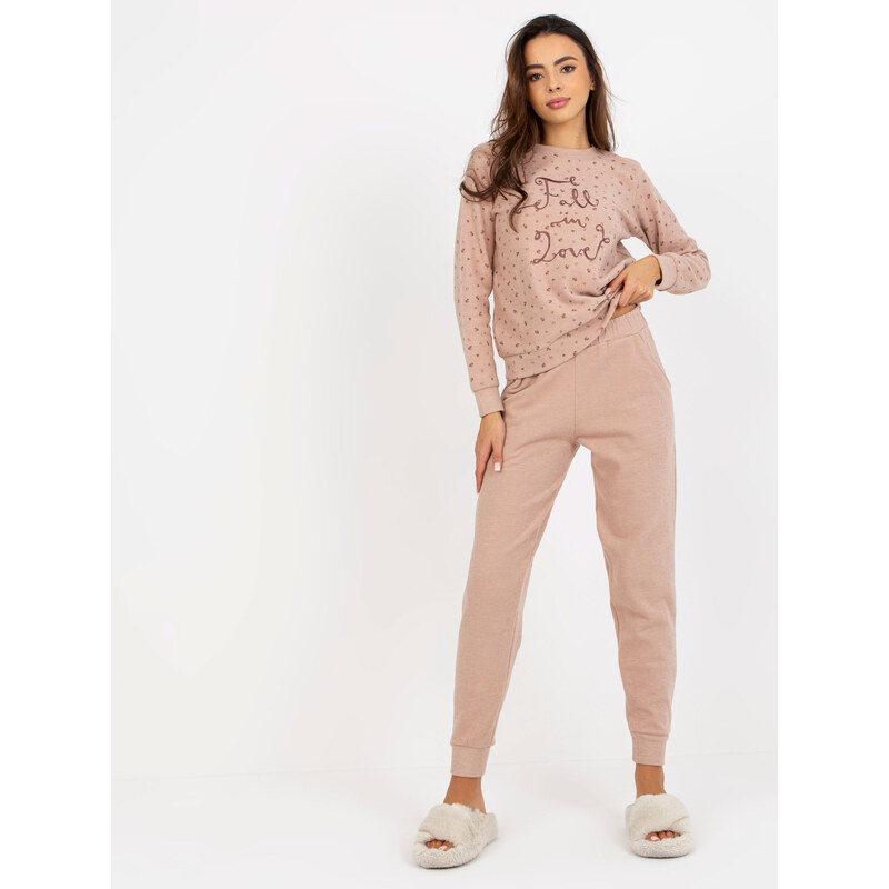 BASIC Tmavě béžové teplé pyžamo FALL IN LOVE -BR-PI-9106-beige