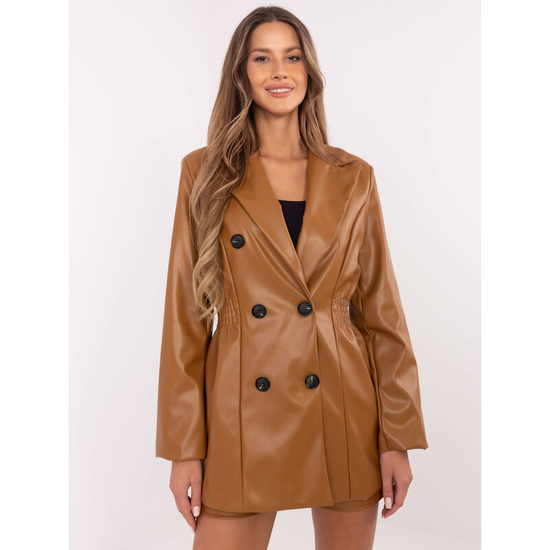 ITALY MODA Camel dámské koženkové sako s ramenními vycpávkami -camel 102567535
