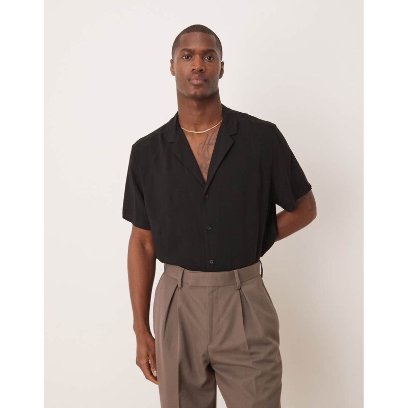 ASOS DESIGN loose fit viscose shirt with deep revere collar in