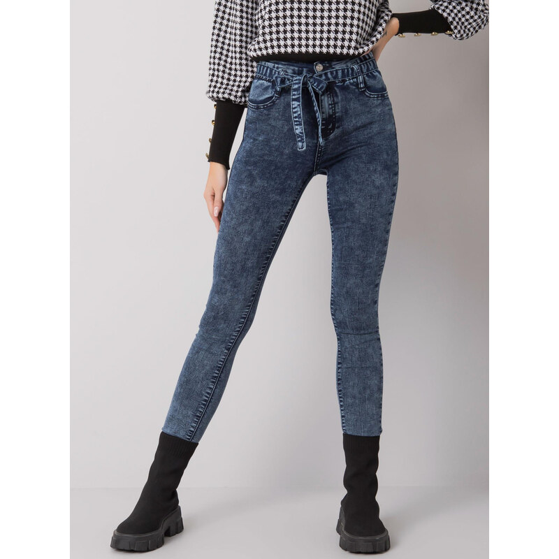 BASIC Modré dámské džíny s páskem -blue Denim vzor