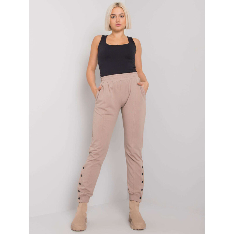 RUE PARIS Světle hnědé dámské tepláky s patenty na nohavicích -brown 66282522