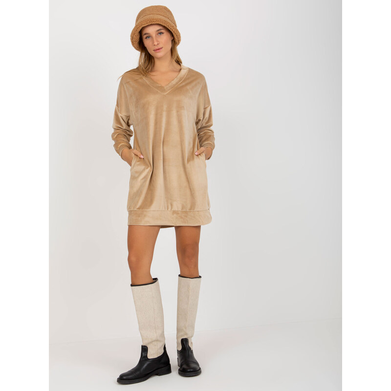 RUE PARIS Béžové velurové mini šaty -beige Béžová