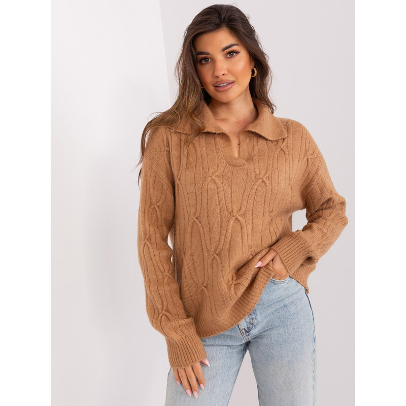 ITALY MODA Hnědý svetr s límcem -camel Hnědá