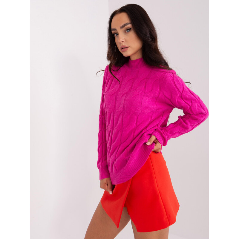 ITALY MODA Tmavě růžový teplý svetr s rolákem -fuchsia Tmavě růžová 86286192
