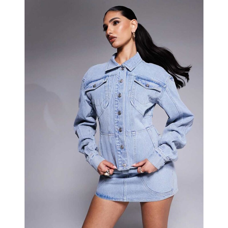 Wanderdoll Alix cinched waist seam detail denim jacket co-ord in