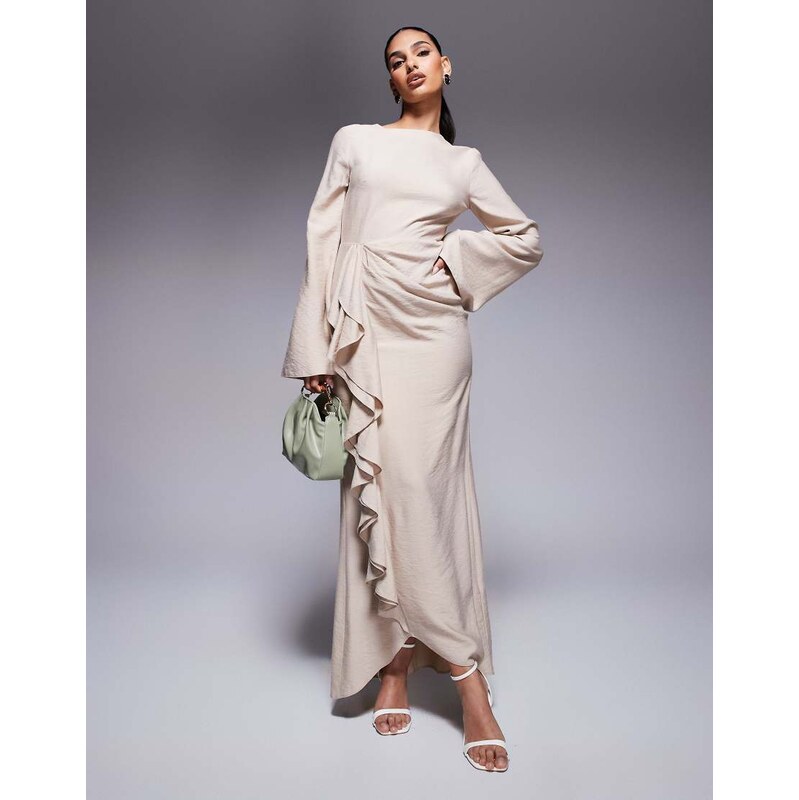 ASOS DESIGN long sleeve linen maxi dress with ruffle skirt in