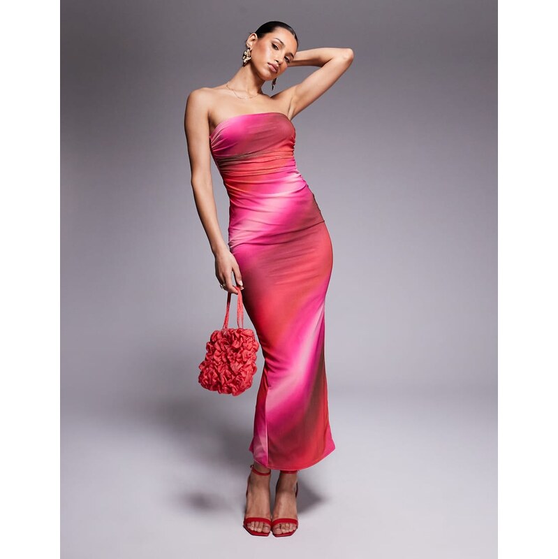 Missyempire mesh bandeau ruched side detail maxi dress in pink