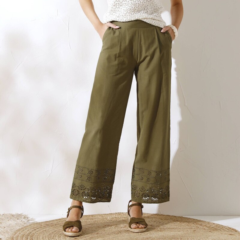 Blancheporte 7/8 široké kalhoty, madeirová výšivka khaki 105670898