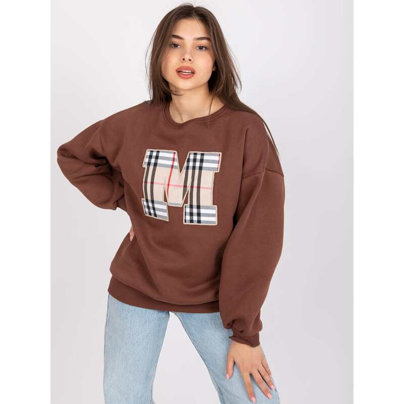 BASIC Hnědá mikina Eliza s károvaným písmenem M --brown