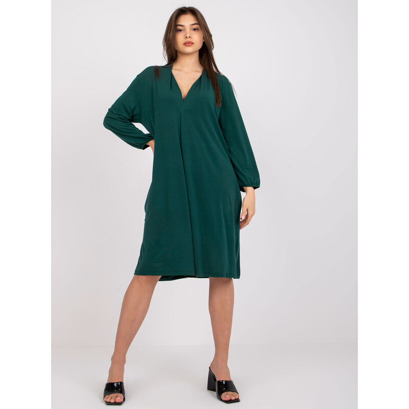 BASIC Tmavě zelené volné šaty s výstřihem -dark green Tmavě zelená 85874114