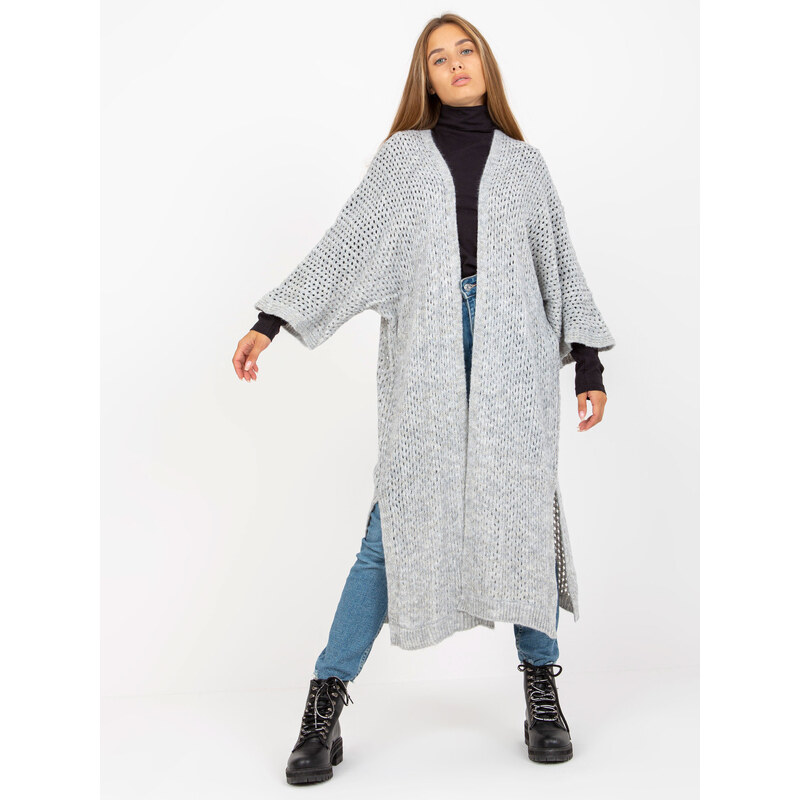 BASIC Šedý dlouhý háčkovaný kardigan -grey Šedá 85876756