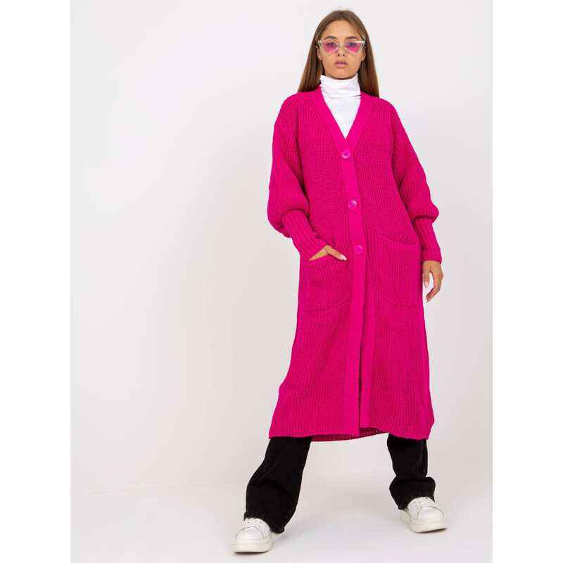 BASIC Fuchsiový dlouhý kardigan s kapsami -fuchsia Tmavě růžová