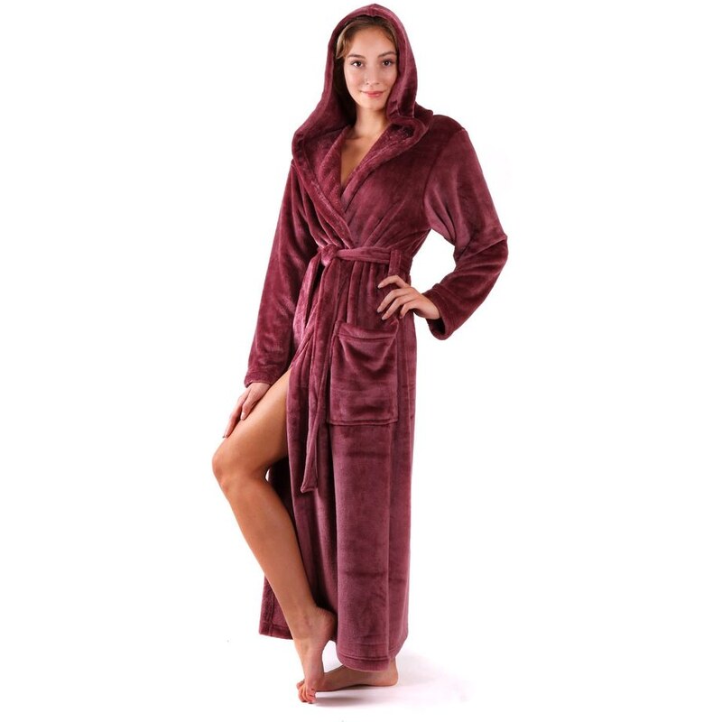 VESTIS Dámský dlouhý hřejivý župan s kapucí SIENA mauve wine