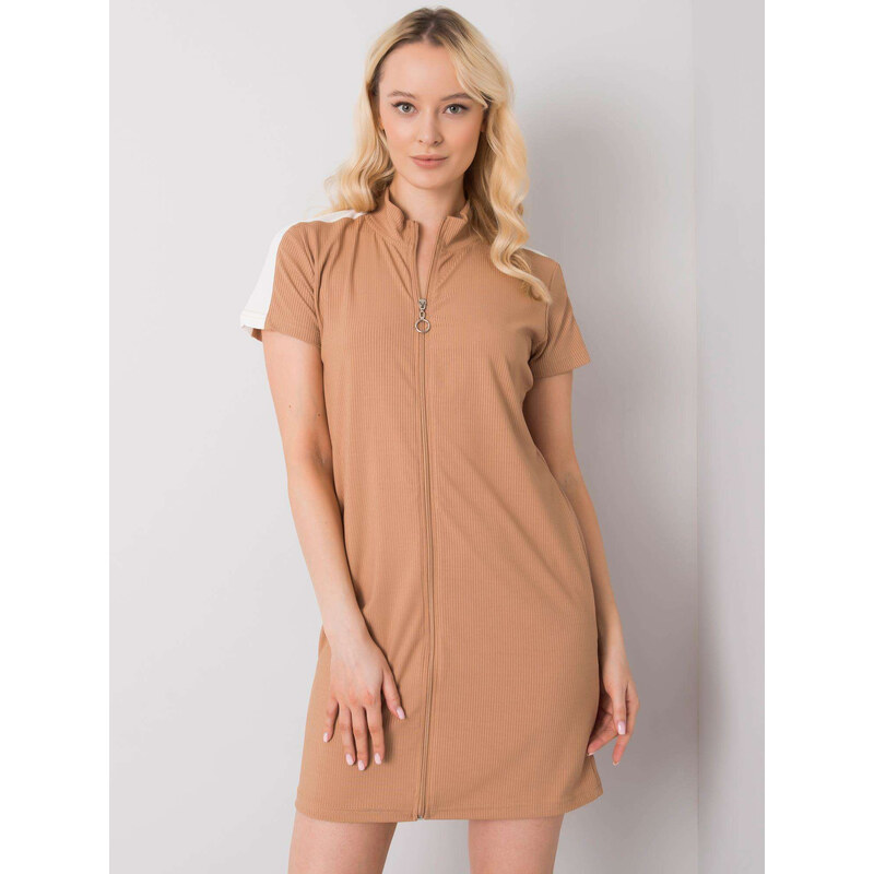 RUE PARIS Světle hnědé dámské šaty se zipem -camel Hnědá 61324106
