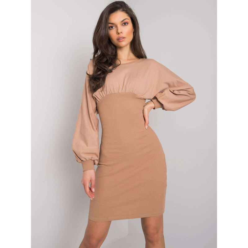 RUE PARIS Světle hnědé dámské přiléhavé mini šaty -camel Béžová 71801141