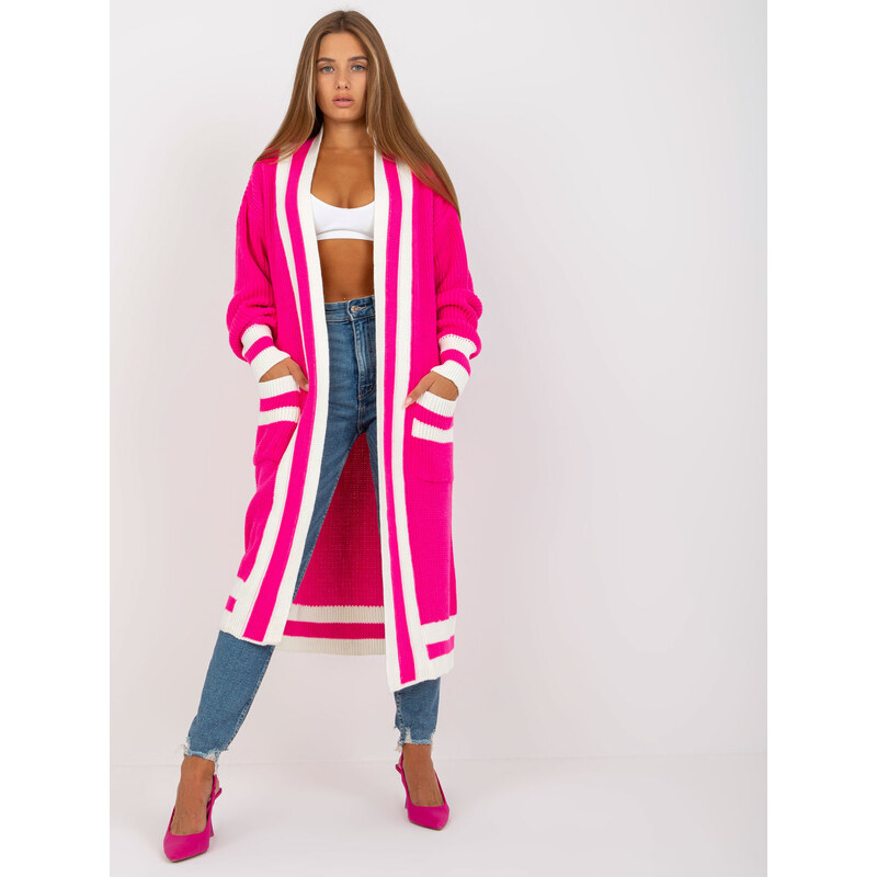 RUE PARIS Růžový dlouhý kardigan lemovaný pruhy -fluo pink Tmavě 85876752