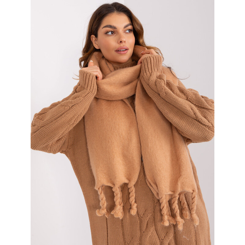 ITALY MODA Hnědá teplá šála s třásněmi --camel Béžová 88286328