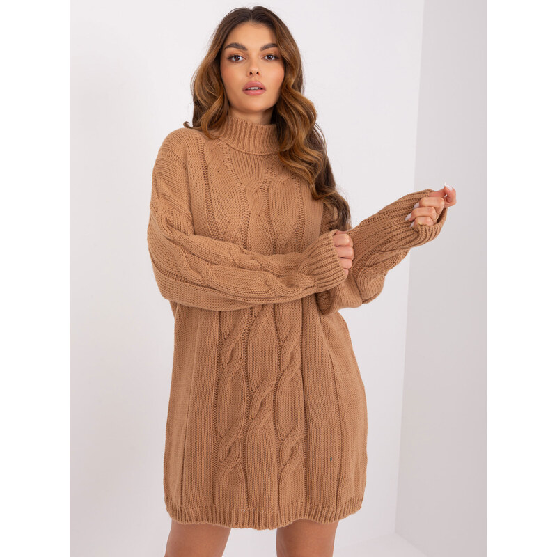RUE PARIS Hnědé pletené rolákové šaty -camel Hnědá 88286369