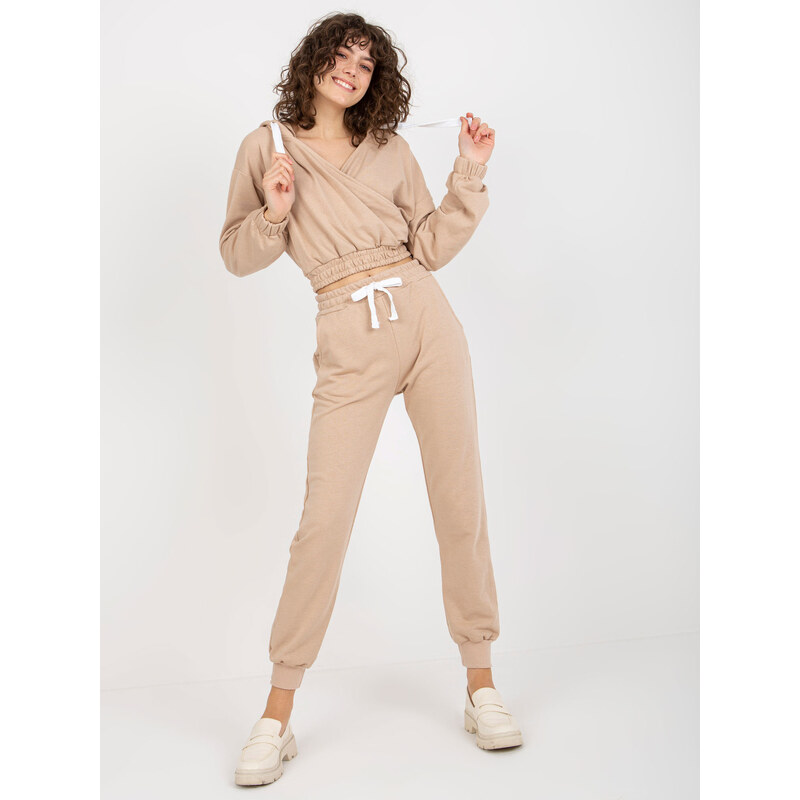 BASIC Béžový teplákový komplet s crop mikinou --beige Béžová 85879858