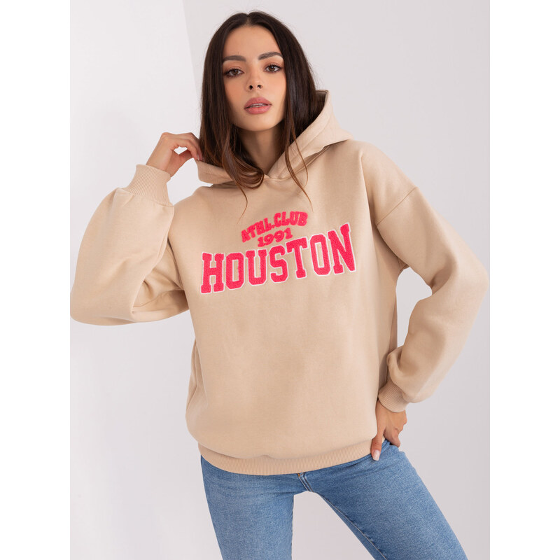 BASIC Béžová mikina s nápisem a kapucí HOUSTON -beige