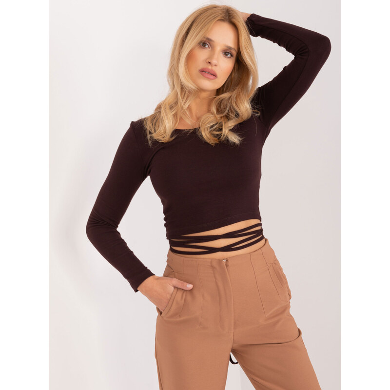 BASIC Tmavě hnědý crop top s dlouhým rukávem a ozdobnými šňůrkami 90357381