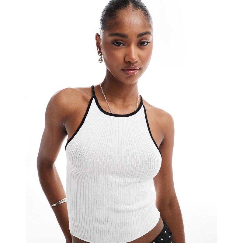Brave Soul knitted cropped vest in white with black tipping
