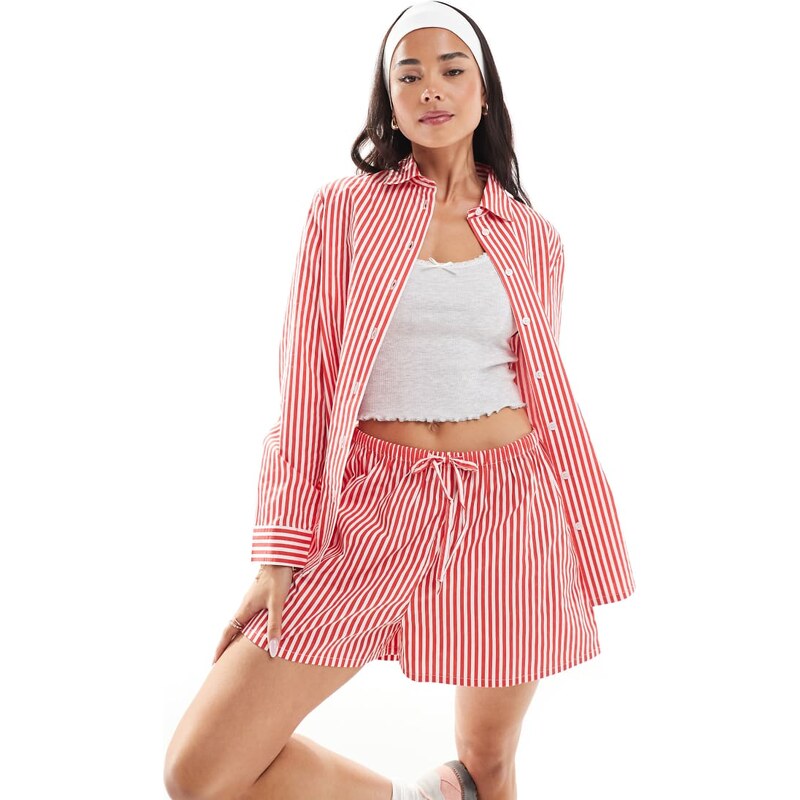 Wednesdays Girl oversized striped shirt co-ord in red 105504025