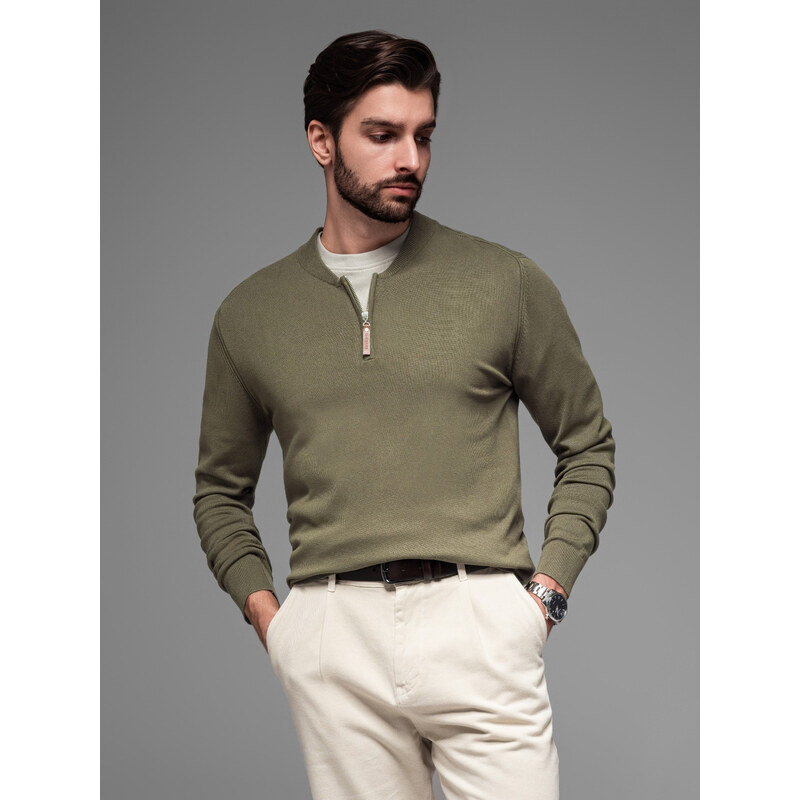 Ombre Mens sweater with viscose and spread neckline - olive