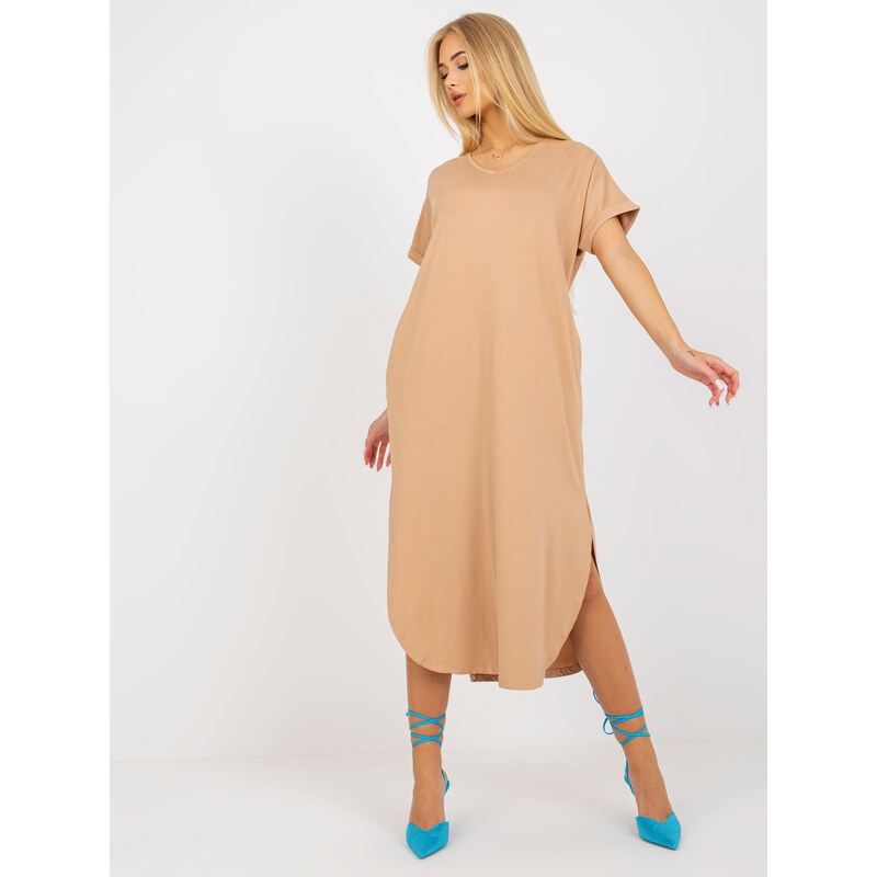 BASIC Béžové bavlněné oversize šaty s rozparky --camel Béžová 71805512