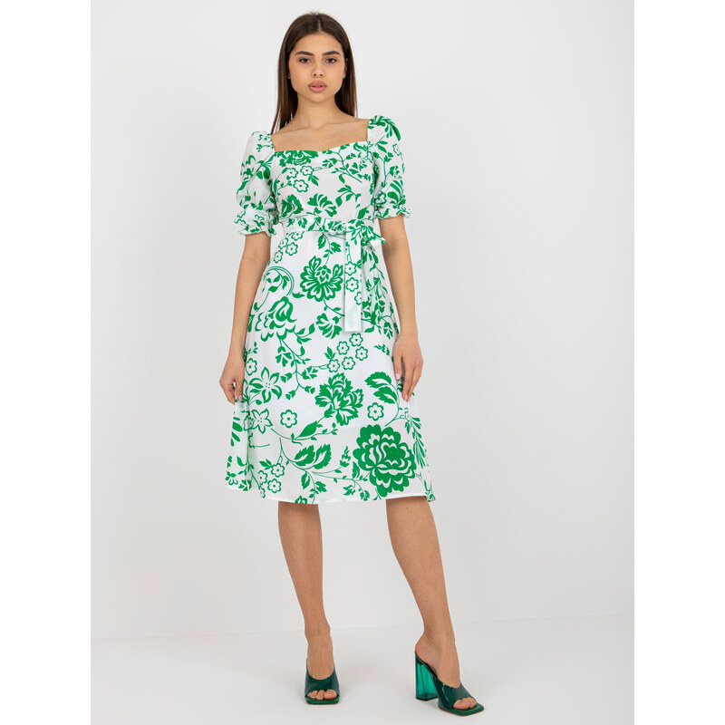 BASIC Bílo-zelené květované midi šaty s páskem -white-green