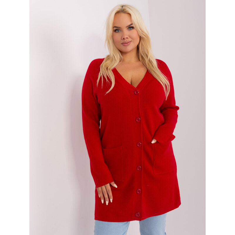 BASIC Červený svetr na knoflíky s kapsami -red Červená 86451378