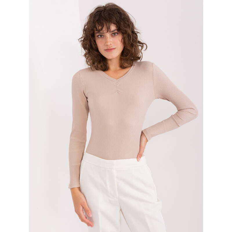 BASIC FEEL GOOD Béžové žebrované tričko s výstřihem -beige Béžová 86946102