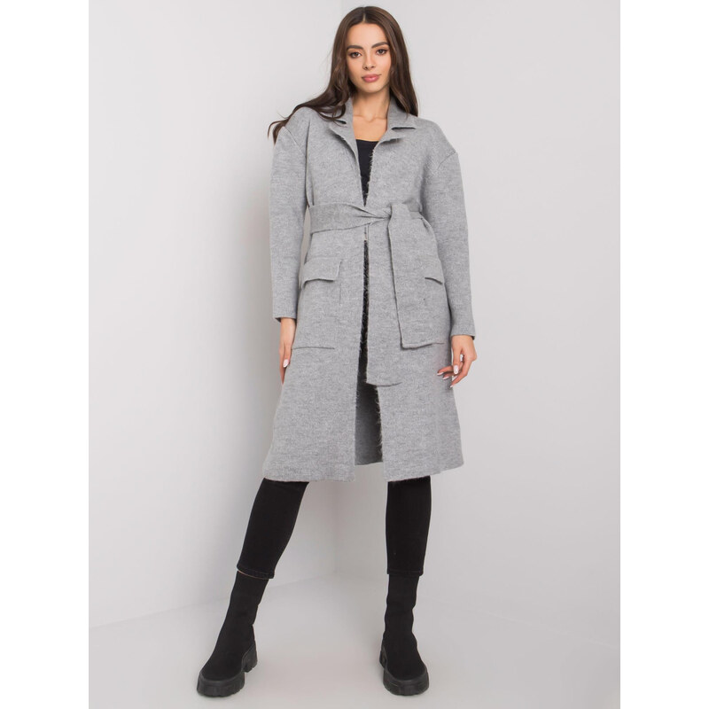 RUE PARIS Dlouhý šedý kardigan s opaskem Judith -grey Šedá 85872391