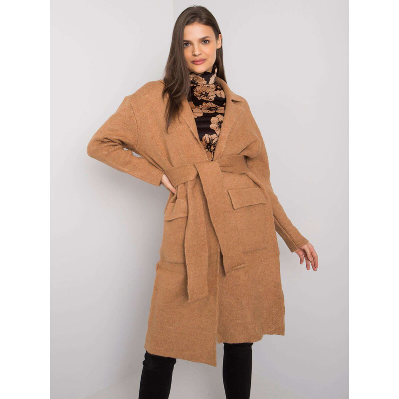 RUE PARIS Hnědý kardigan s páskem --camel Hnědá