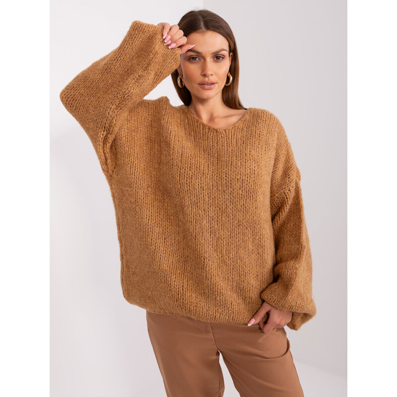 RUE PARIS Camel volný pletený svetr s výstřihem do V -camel Hnědá 88301955