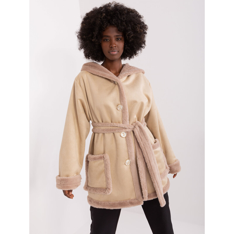 BASIC Béžový teplý kabát s kapucí -beige Béžová 88286031