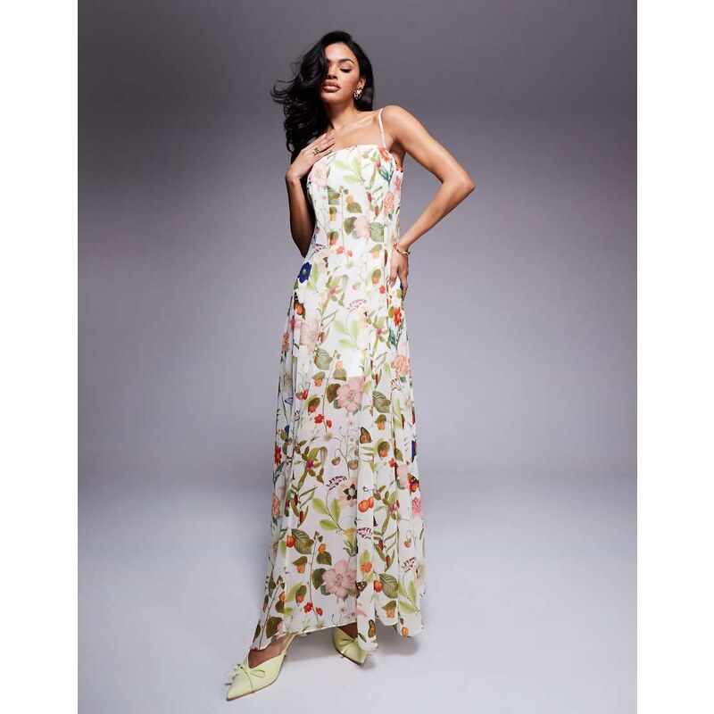 Forever New sheer strapless maxi dress in botanical print-White 105160102