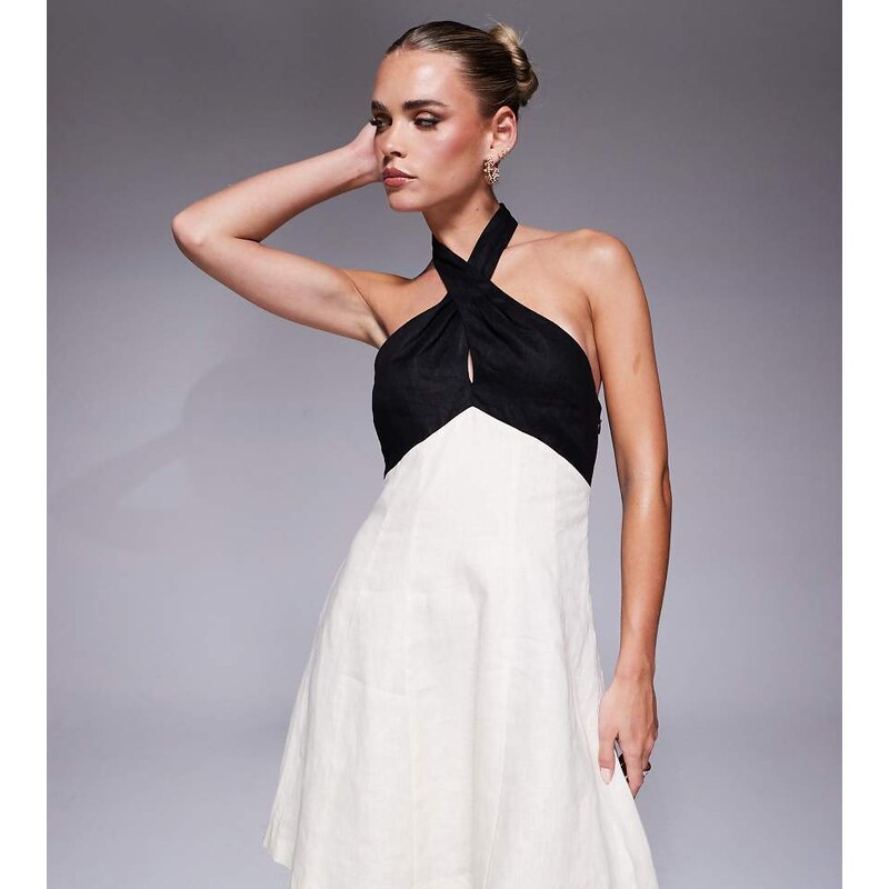 Forever New Petite contrast halter neck mini dress in monochrome-Black 105160111