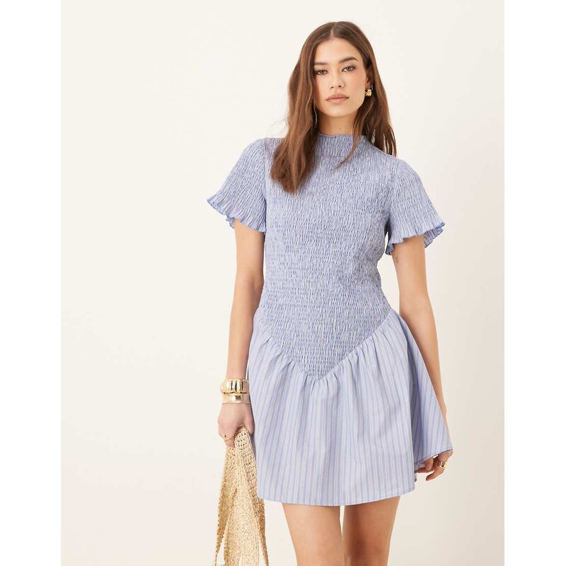 ASOS DESIGN shirred flutter sleeve mini dress in blue stripe
