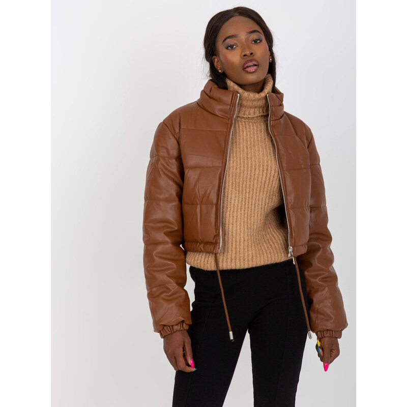 BASIC Hnědá koženková prošívaná crop bunda NM-KR-D2-3820-20.49P