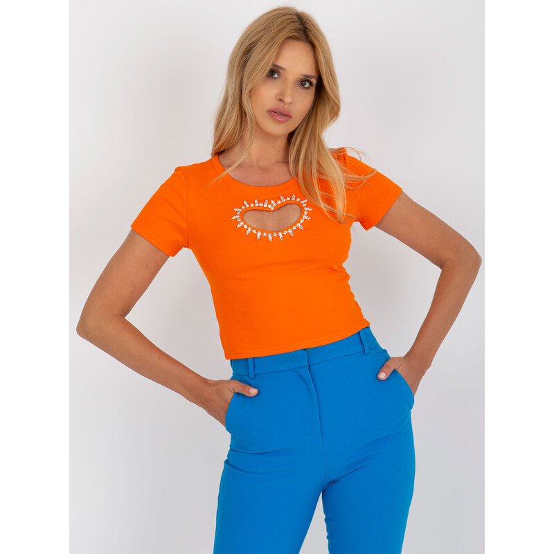 BASIC Oranžové krátké tričko s aplikací ve tvaru srdce -orange 84026727