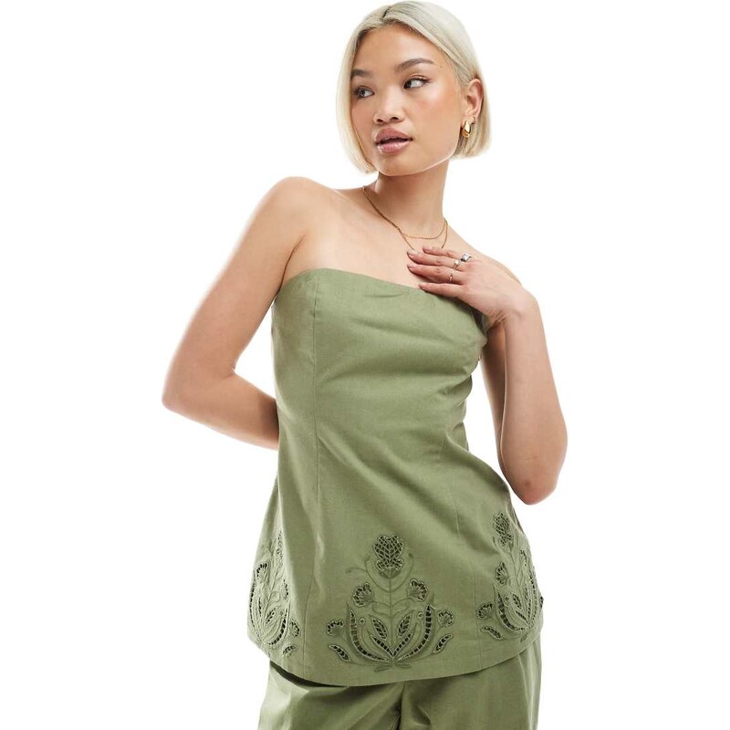 4th & Reckless linen blend flower cutwork detail longline bandeau top 105151816