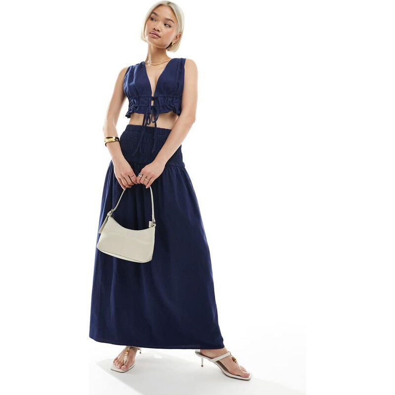 4th & Reckless linen look dropped waist maxi skirt co-ord in navy 105151819