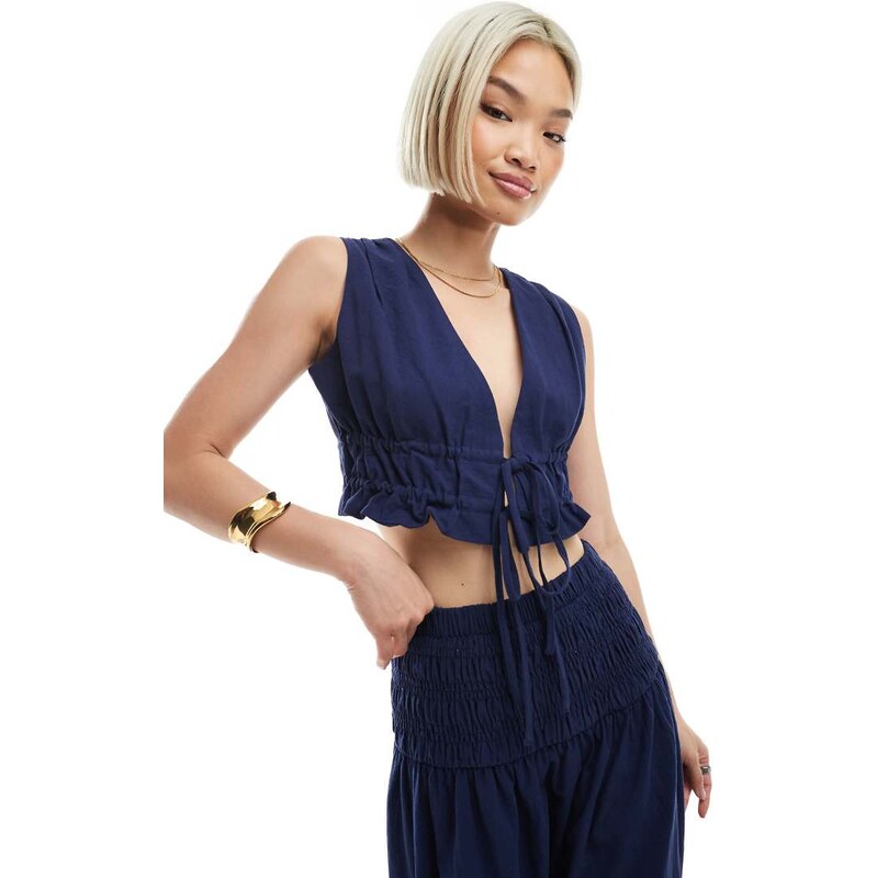 4th & Reckless linen look cropped tie front waistcoat co-ord in navy 105151821