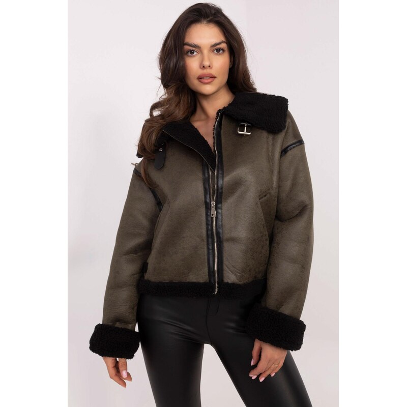 MladaModa Krátká zateplená zimní biker bunda model 62029 barva khaki 108807942