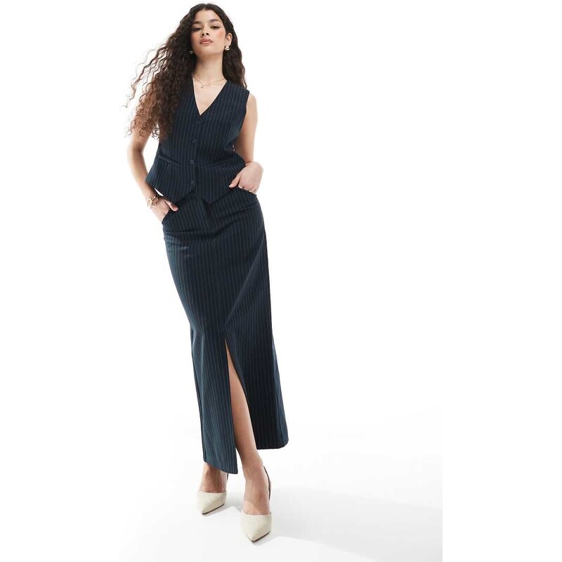 Pieces tailored maxi skirt co-ord in navy pinstripe 105153800