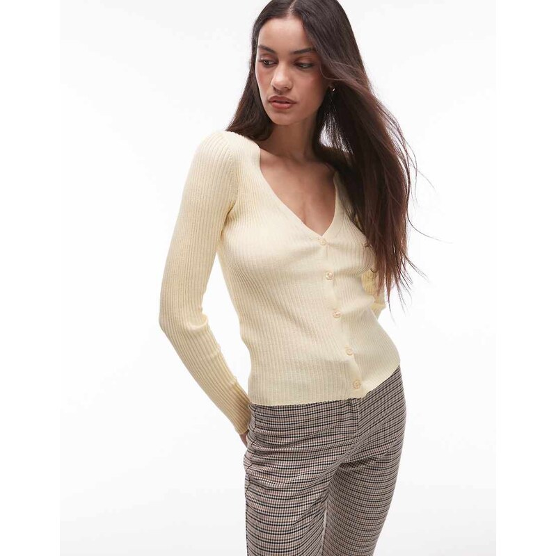 Mango fine rib linen mix cardigan in pale yellow 105153909