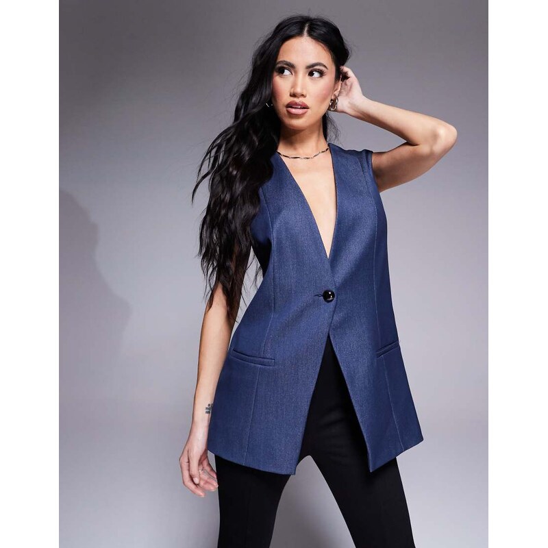 River Island longline denim waistcoat in midwash blue 105306170