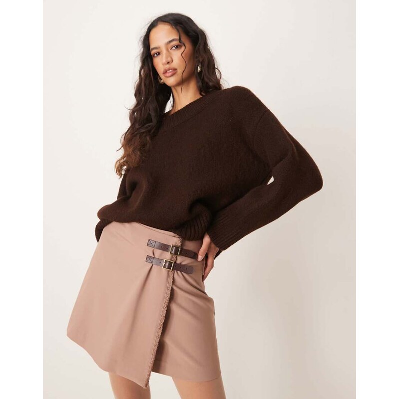 ASOS DESIGN tailored double belt wrap raw edge skirt in mocha-Brown 105153771