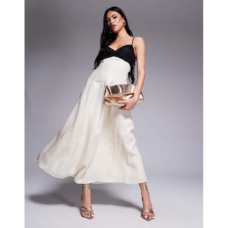 Forever New contrast linen midaxi dress in black and cream 105253761